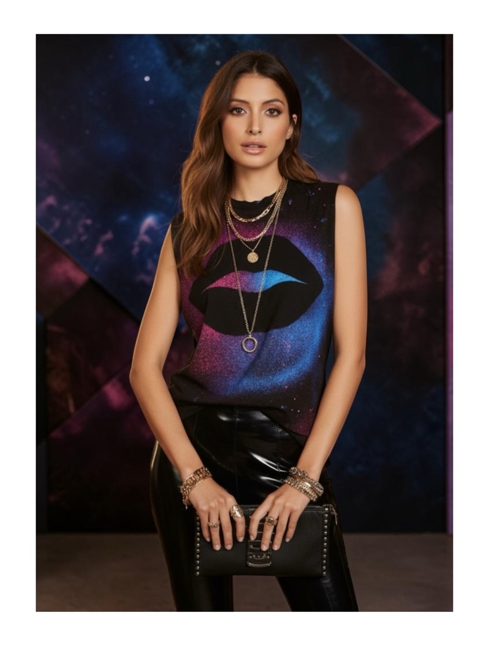 Lauren Moshi ᨎ Kizington Galaxy Lip Sleeveless Tank Top ᨎ Black Splatter ᨎ XL ᨎ